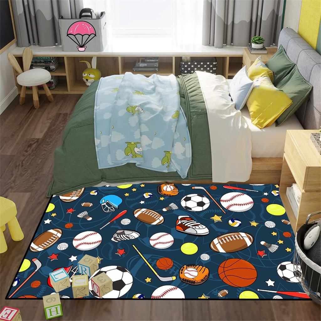 Sports Balls Rug for Boys Bedroom, Football, Basketball, Soccer Carpet, Non-Slip Sports Room Decor Rug for Kids