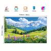 2D Plane, One Vibrant Spring Landscape, Green Grassland, Pine Trees and Forest.