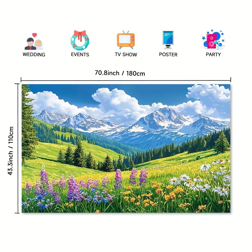 2D Plane, One Vibrant Spring Landscape, Green Grassland, Pine Trees and Forest.