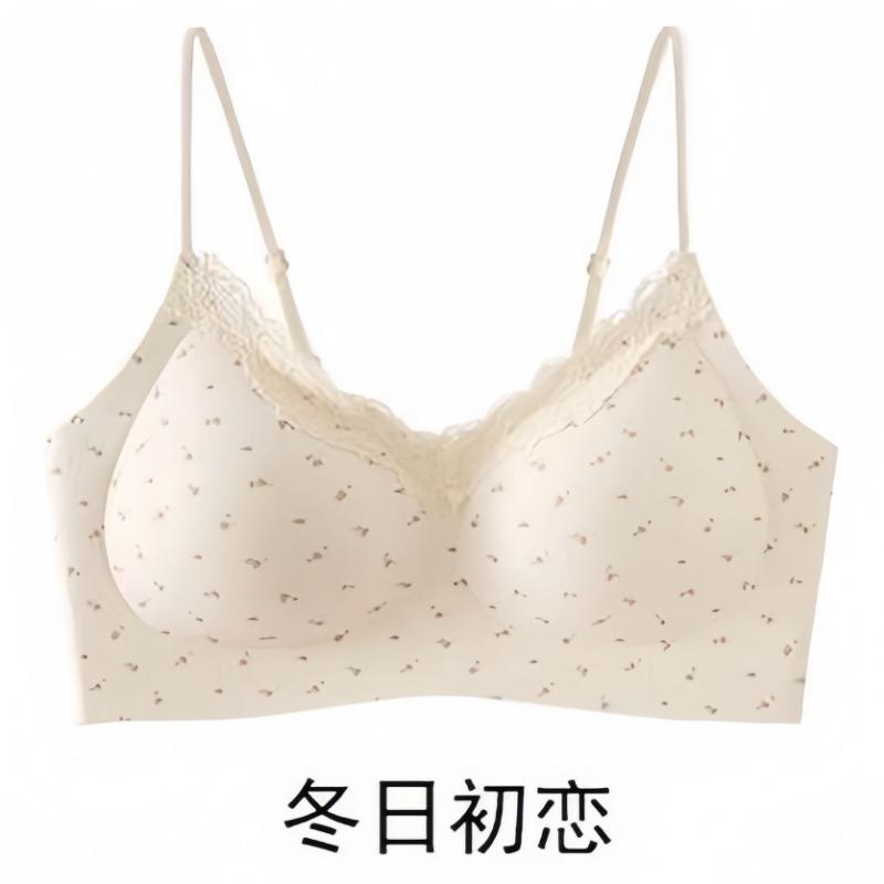 Pink Cute Lace Wireless Fixed Cup Bra For Small Chest Push Up