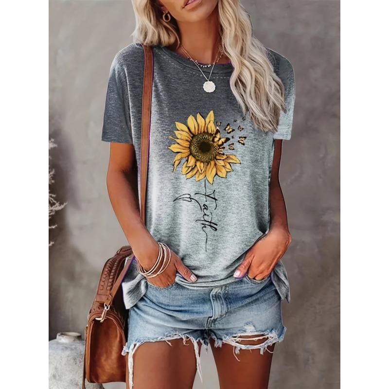 

Graphic printed T-shirt, short sleeved round neck casual top, summer, women s clothing S