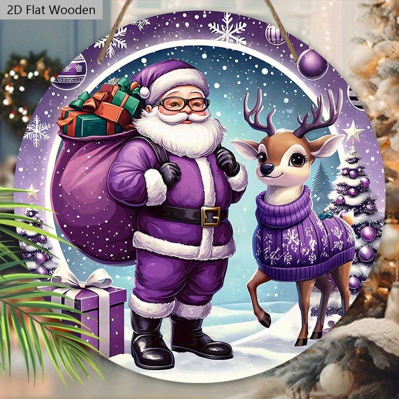 Purple Christmas Wooden Sign with Santa Claus & Elk Pattern, Winter Christmas Round Sign for Front Door Wall Hanging Decor, Ideal Christmas Gift
