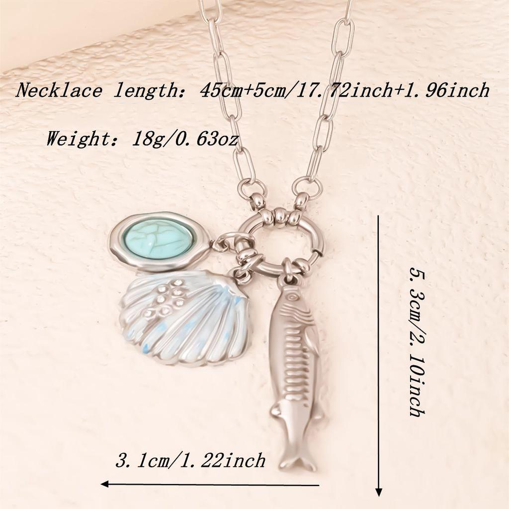 Stainless Steel Ocean Style Shell Pendant Necklace, Colorfast Clavicle Chain with Small Fish Shell Design