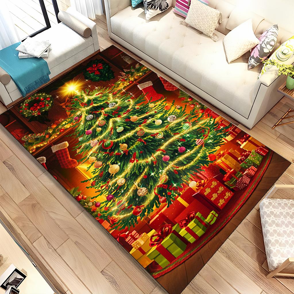 Cute Santa Claus Cartoon Merry Christmas Tree Festival Gift Carpet Rug for Living Room Bedroom Home Sofa Decoration,Non-slip
