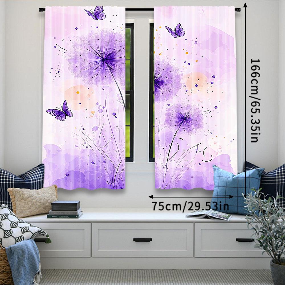 2Pcs Dandelion Curtains Butterfly Rustic Farmhouse Curtains For Adults Purple Gradient Romantic Suitable For Living Room Bedroom