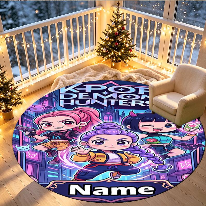 Custom Name Personalized Kpop Demon Hunter Print Round Rug, Versatile Home Decor Carpet, for Playroom, Apartment, Balcony, Entryway, Hallway Gift