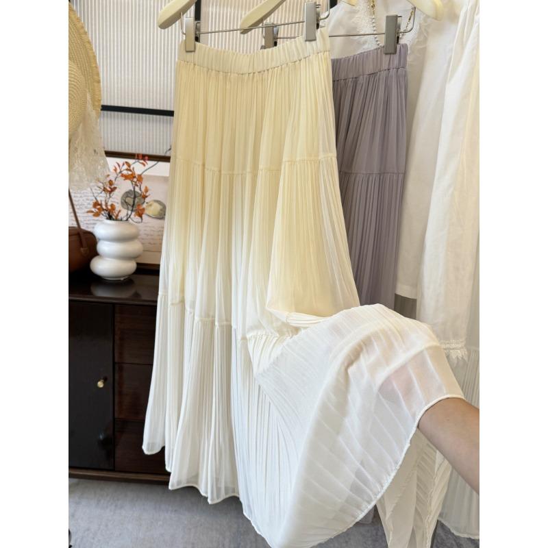 French retro elegant romantic super fairy pleated high waist skirt long umbrella skirt slim fit big swing chiffon skirt one size абрикосовый