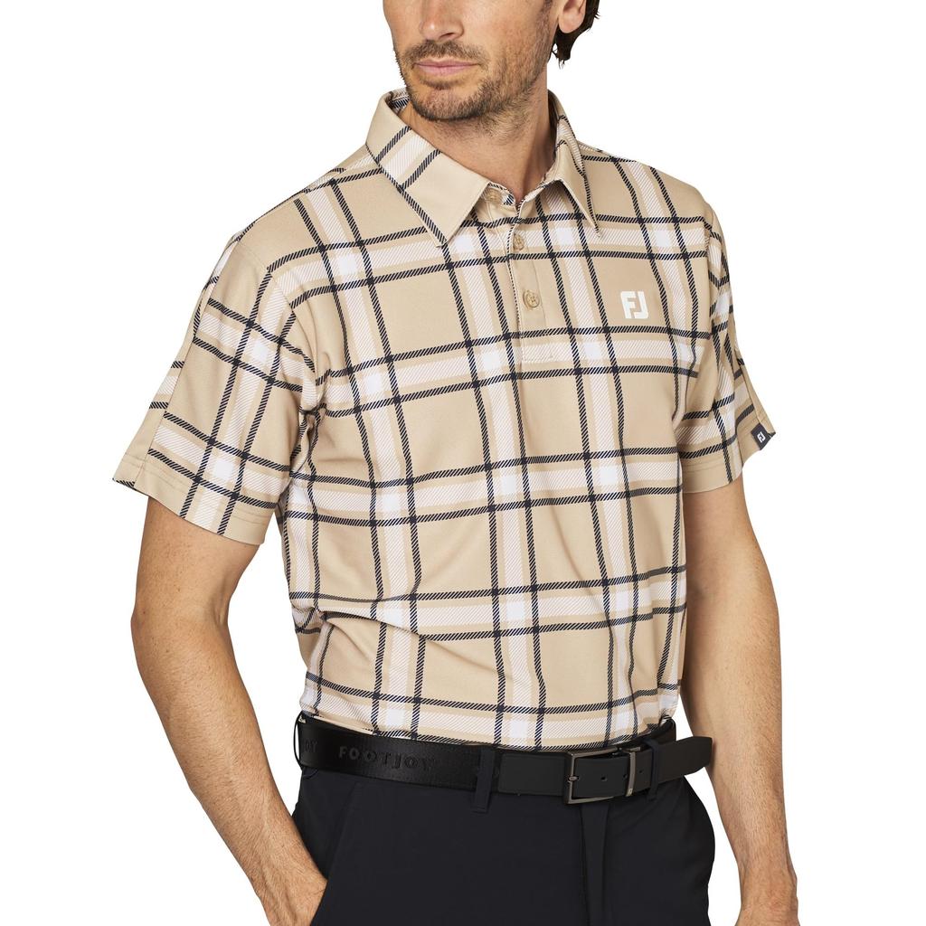 FootJoy Men's Beige Check Print Short Sleeve Pique Golf Shirt, Size XL (FJ-S25-S04, 35037-XL)
