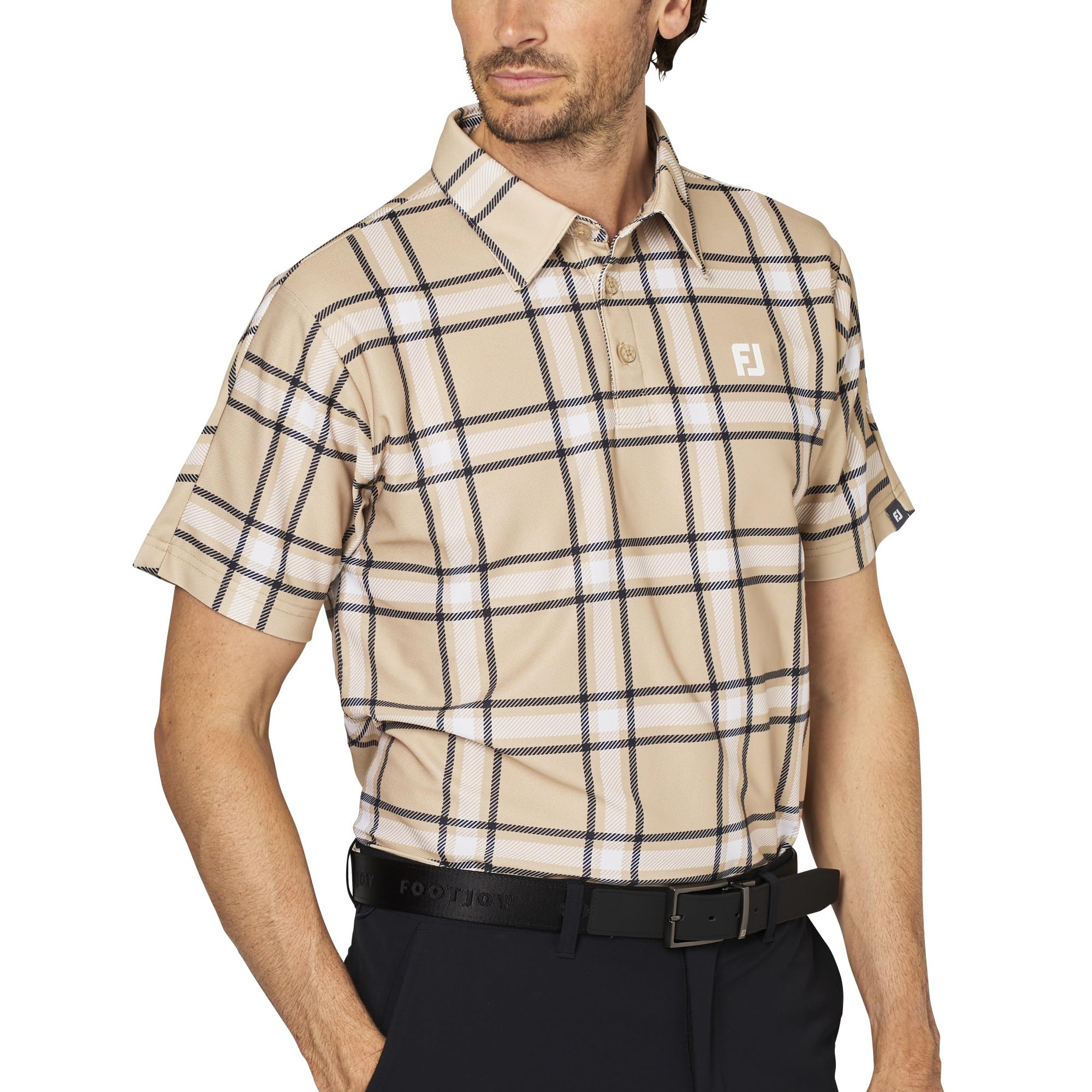 

FootJoy Men s Beige Check Print Short Sleeve Pique Golf Shirt, Size XL (FJ-S25-S04, 35037-XL)
