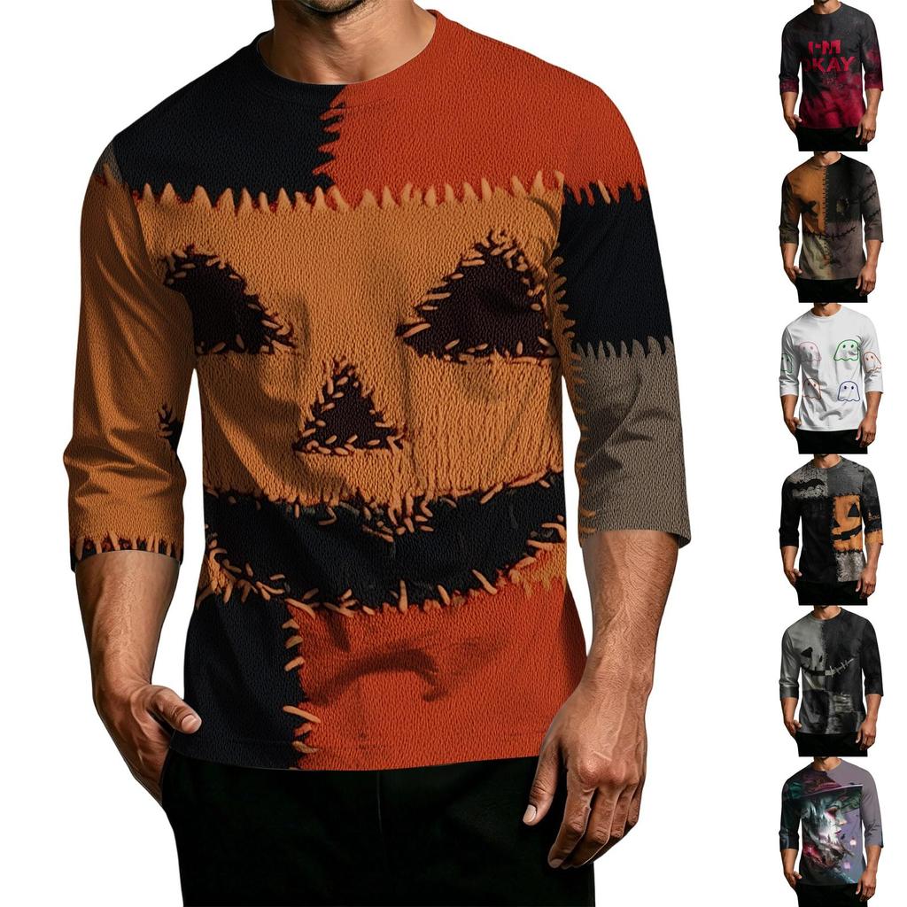 Men Casual Halloween Print Crew Neck T Shirt Three Quarter Sleeve Relaxed Fit Top for Everyday Wear