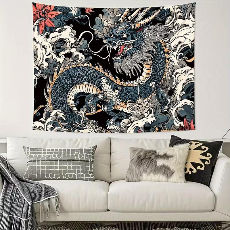 2D Oriental Dragon Wave Tapestry Black Background Home Background Cloth