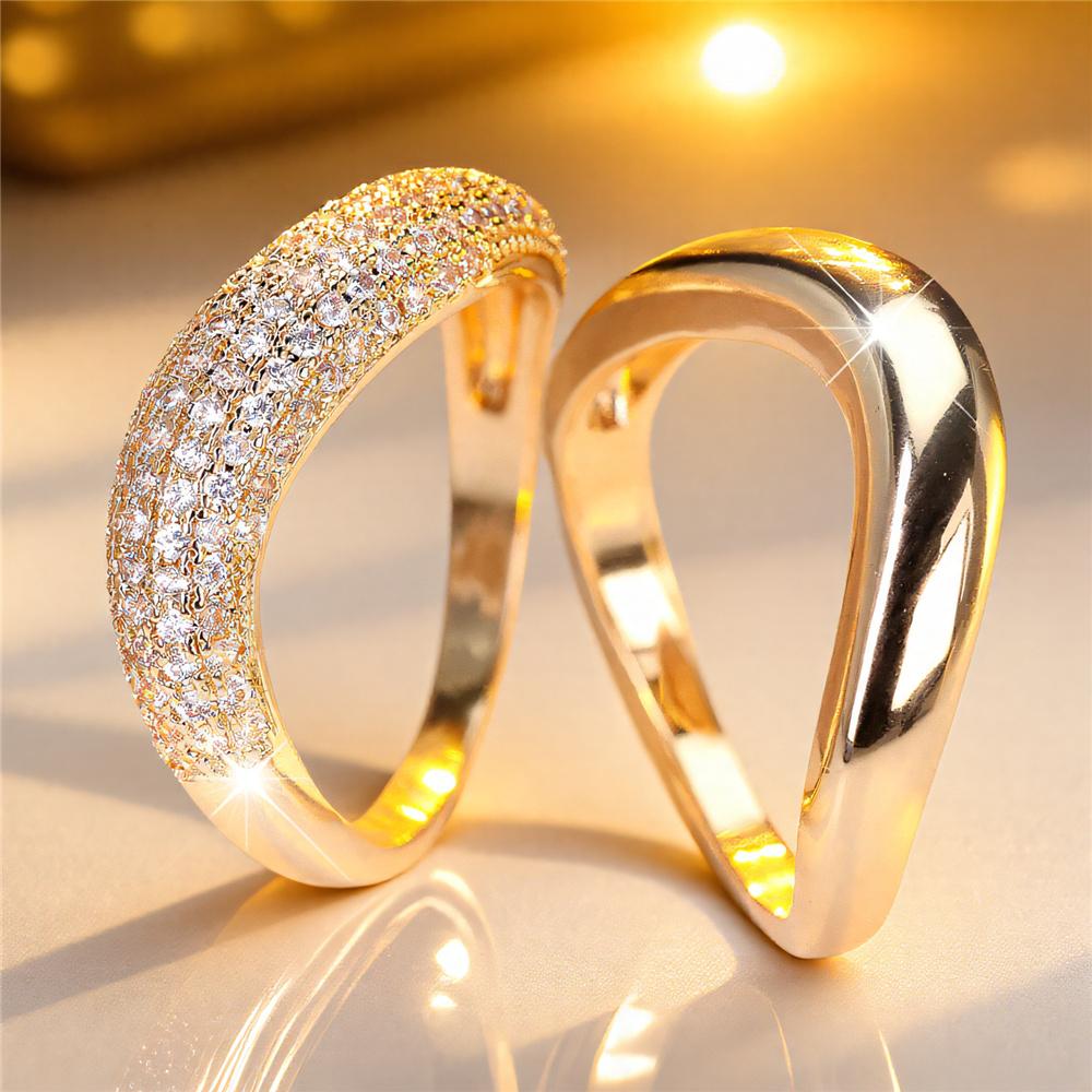 Female White Zircon Stone Engagement Ring Set Vintage Gold Color Bridal Wedding Bands Party Jewelry For Women