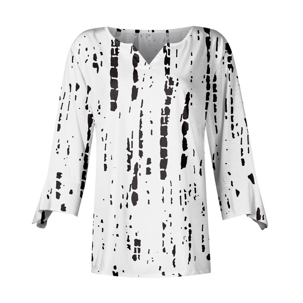Women's Top Loose Casual V-neck Printed Blouses Bell 3/4 Sleeve T-shirt