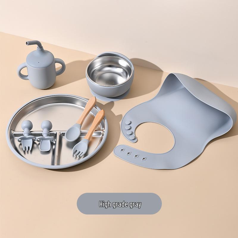 Children's Feeding Tableware Set: Stainless Steel Divided Plate with Food-Grade Silicone Suction Bowl and Spoon