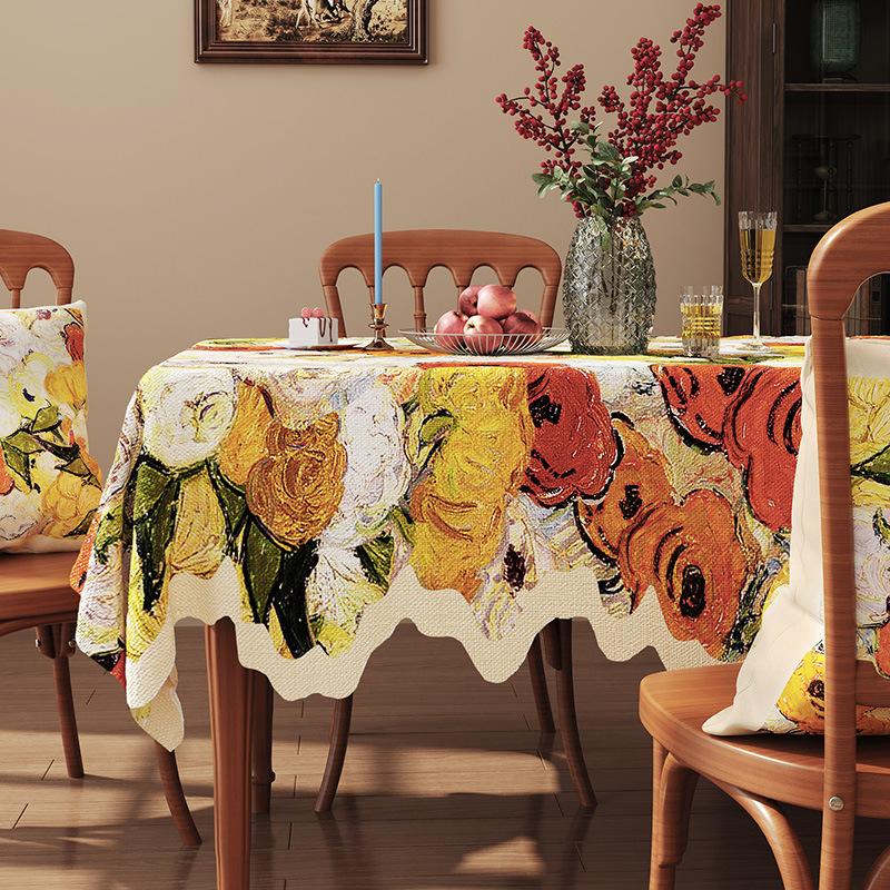 Vintage Romantic Oil Painting Style Tablecloth Waterproof Fabric Country Style Jacquard Cover For Dining Table Tea Table