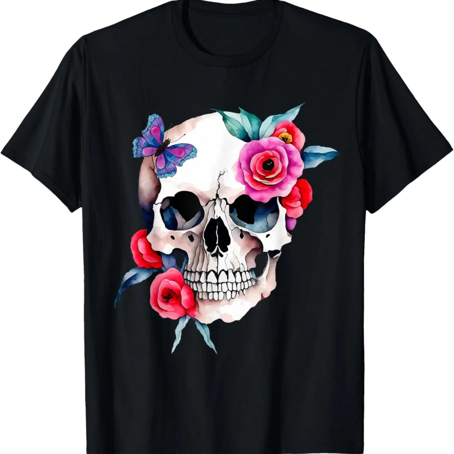 

Gothic Flower And Butterfly Fun Roses Skeleton Gothic Skull T-Shirt XXXXXL чёрный