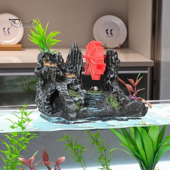 Spinning Waterwheel for Fish Tank Aquarium Waterwheel, Ornament, Mini Rockery Mountain Air Bubbler, Resin Accessory Aerating Action Hideout Cave Betta