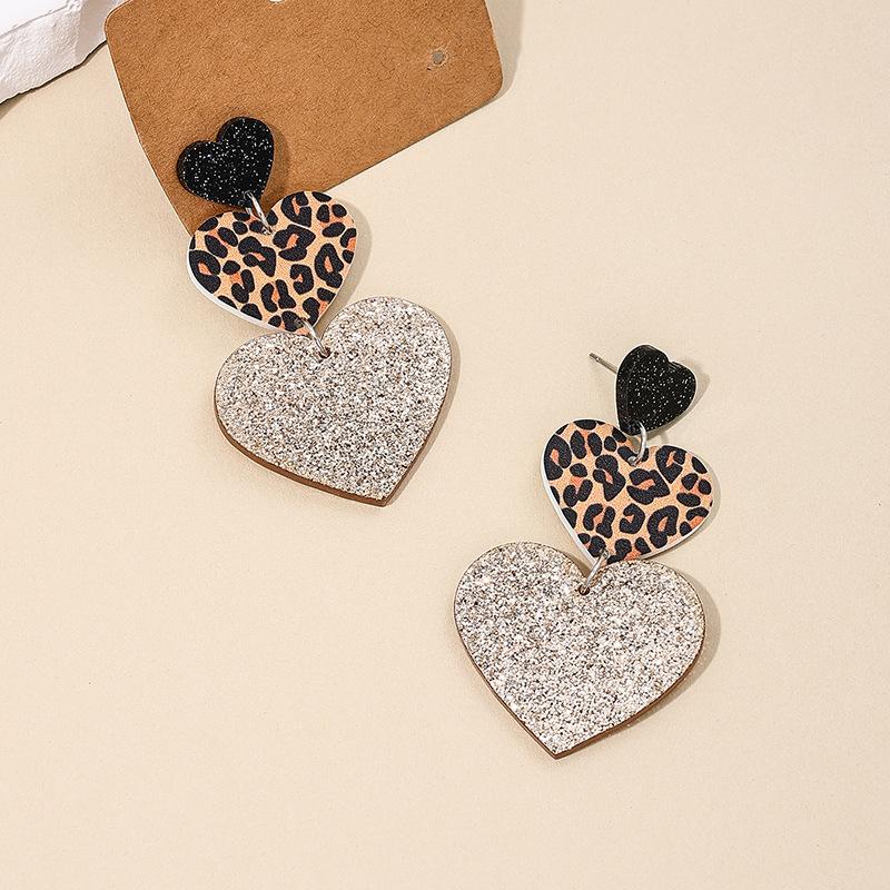 

European and American exaggerated leopard print three-piece heart earrings for women
