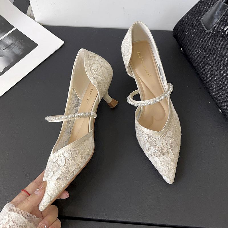 New Chinese mesh pointed high heels women's stiletto low heel pearl chain one word belt single shoes sandals