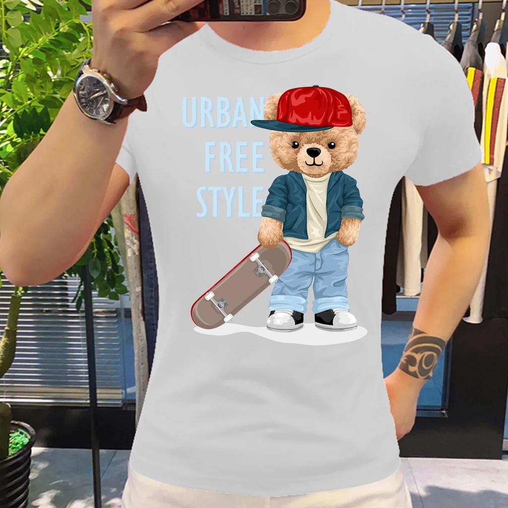 Motorcycling Bear Funny Cute Top Camisetas Black Ladies Tshirts Aesthetics Graphic White Short Sleeve 100%Cotton Man's T-shirt