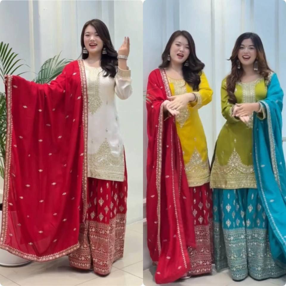 Launching New  Đěsigner Party Wear Look Pur Chinon Silk Top Plazzo & Dupatta Set