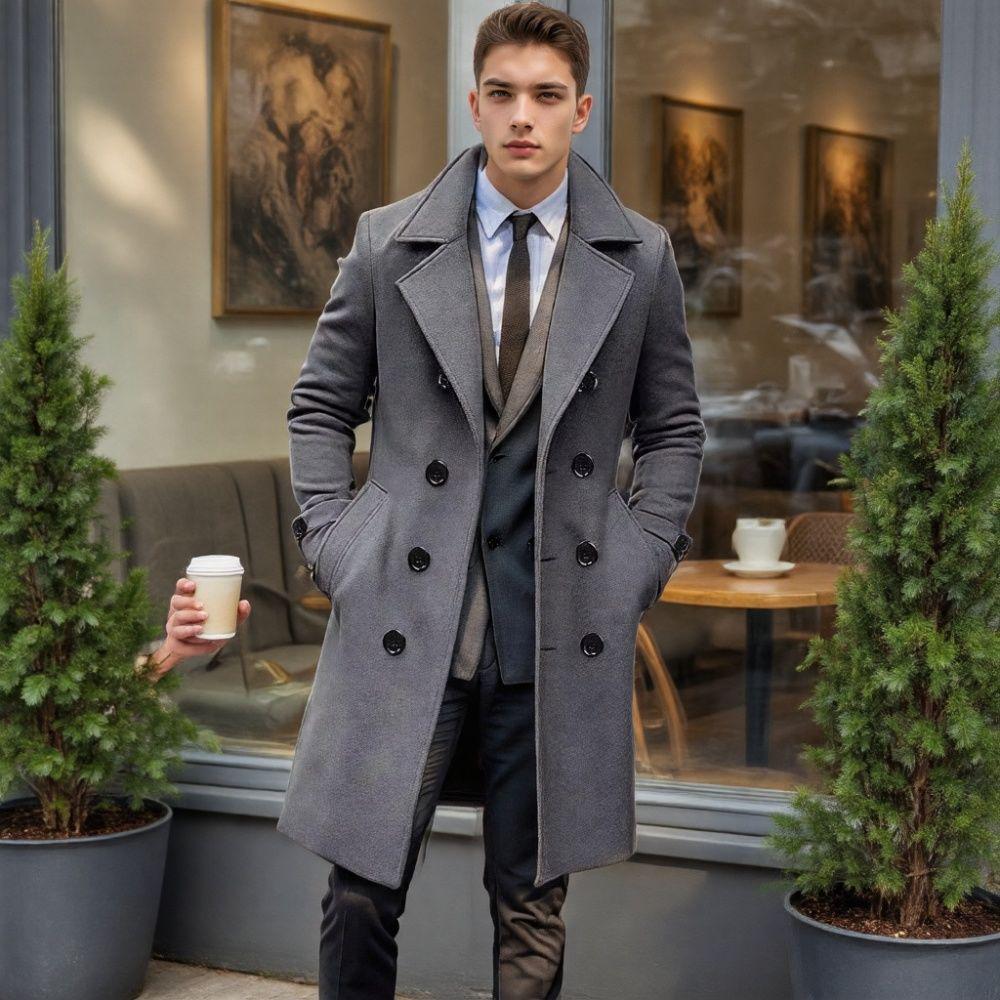 Herren Europäischer Zweireihiger Wollmantel - Langer Stil für Herbst/Winter