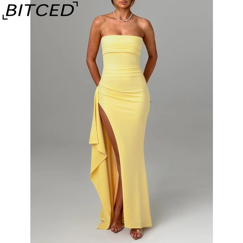 BITCED Women's Strapless Evening Gown Seductive Open-back Dress with High Side Slit Long Party Dress