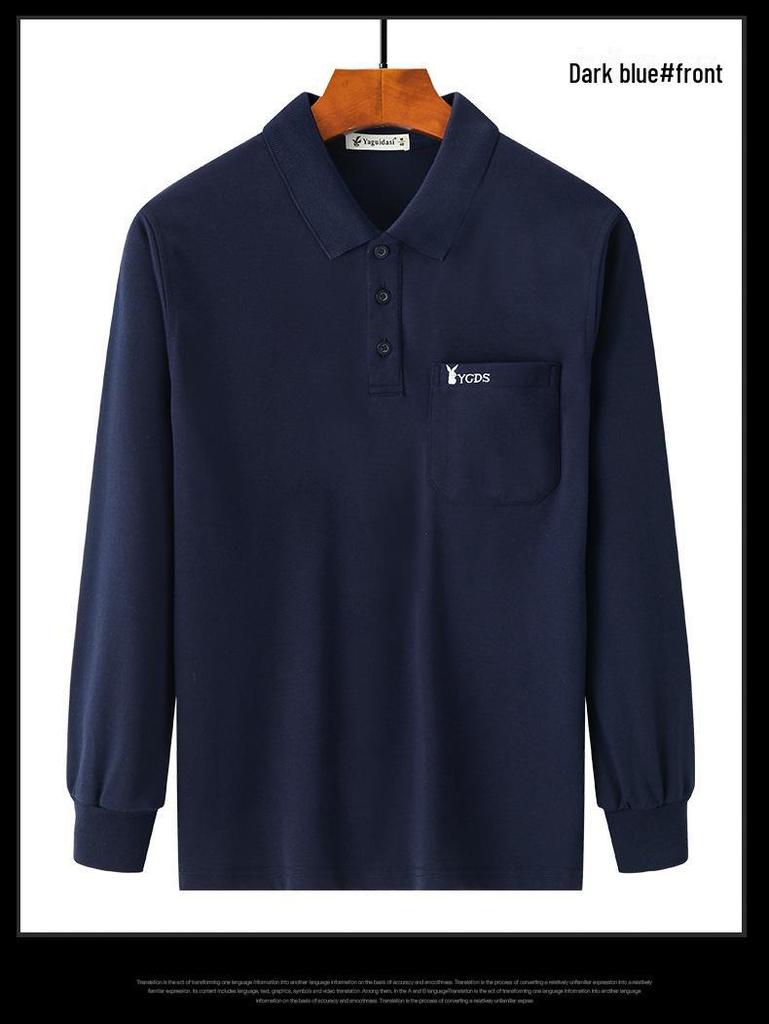 Men's Thick Cotton Long-Sleeve Dad T-Shirt for Spring/Autumn - Loose Fit, Solid Color, Lapel, Real Pocket, Casual Wear for Middle-Aged Men.