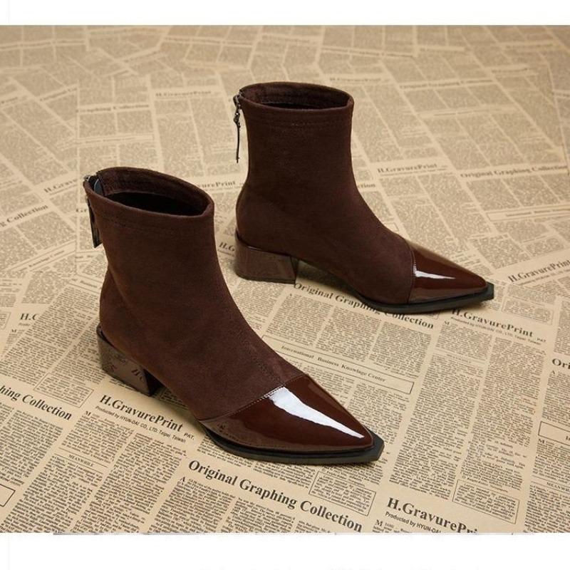 Fashion Ankle Boots Women Chunky Mid Heels Suede Shoes Woman Pointed Toe Trend Winter New Style Goth Walking Snow Boots Zapatos De Mujer