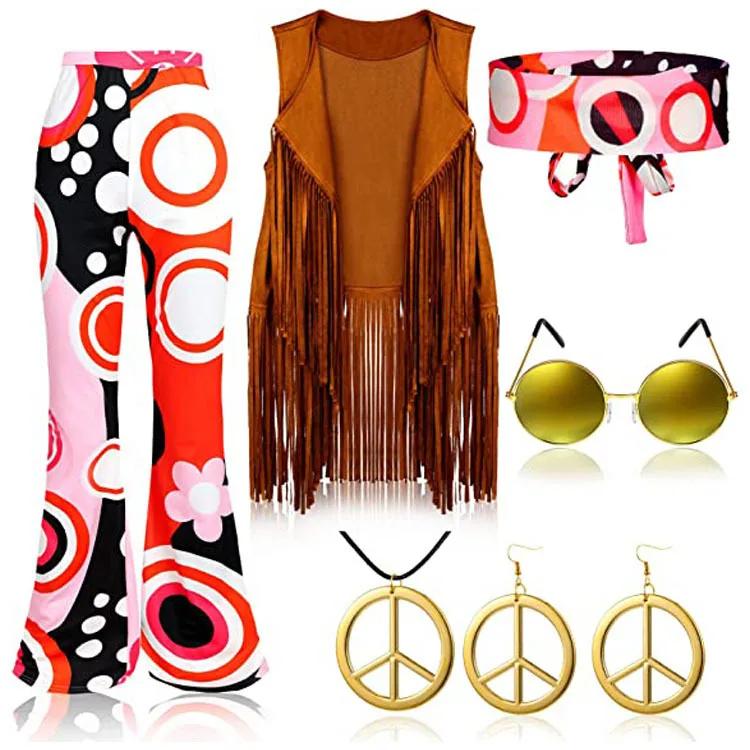 Women Peace Love Girls Hip Indian Retro Hippie Disco 60s 70s Cosplay Costume Tassels Vest Pants Cardigan Halloween Stage Party