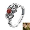 Vintage Thai Silver Ring With Red Agate Inlay Adjustable Open Cuff Traditional Coin Pattern For Women