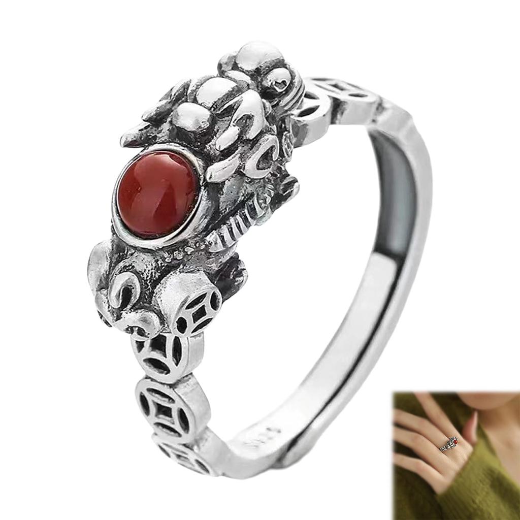Vintage Thai Silver Ring With Red Agate Inlay Adjustable Open Cuff Traditional Coin Pattern For Women