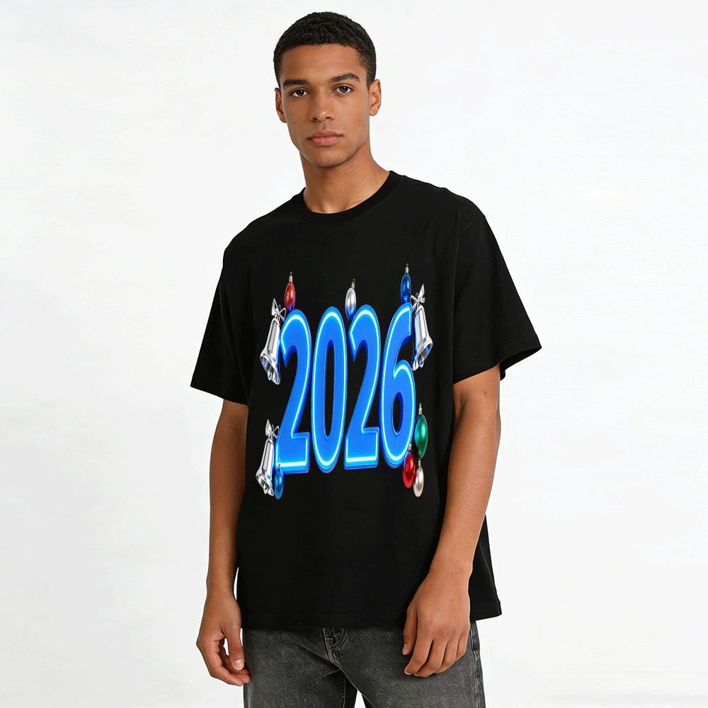 2026 New Year Themed Print Casual Versatile Holiday Top For Men Women Pure cotton T-shirt