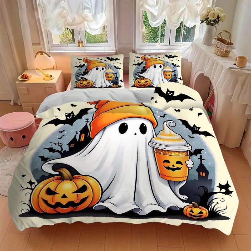 3pcs Halloween Cute Ghost Bedding Set - 1 Soft Quilt Cover + 2 Pillowcases, Machine Washable - Suitable for All Seasons N045