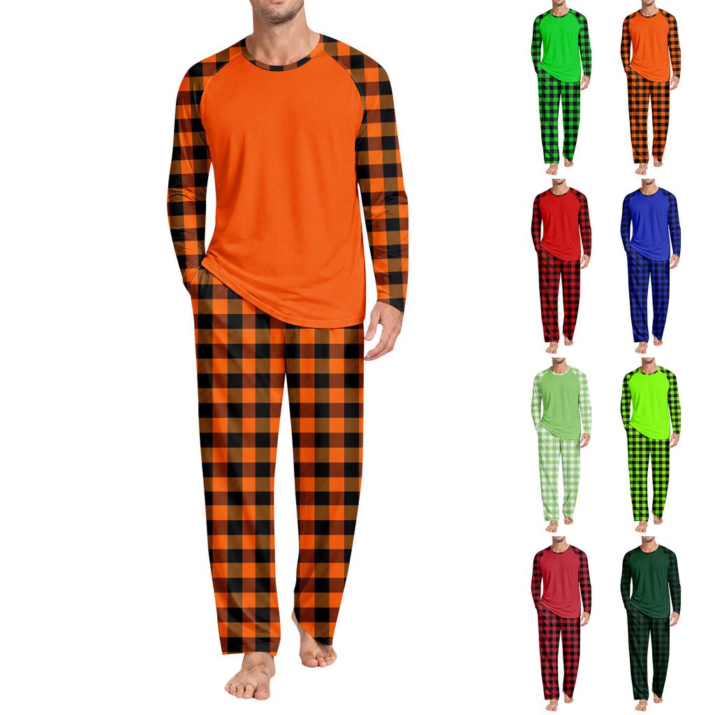 Men's Plaid Pajama Set with Long Sleeve Neck Top and Long Pants for and Sleep