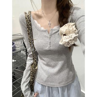 [40 2X2 Threaded Cotton 260g] White Front Shoulder Lace Long Sleeve Base Autumn New Slim Fit
