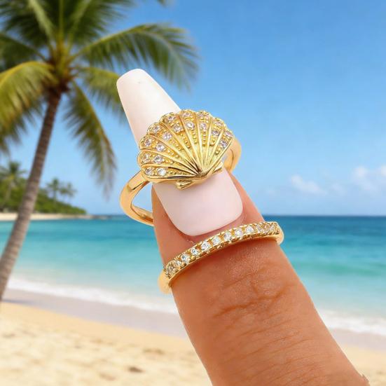 Gold Sea Animals Ring for Women Rhinestone Seahorse Turtle Dolphin Starfish Seashell Double Layer Adjustable Ring Bohemian Beach Jewelry Gift for
