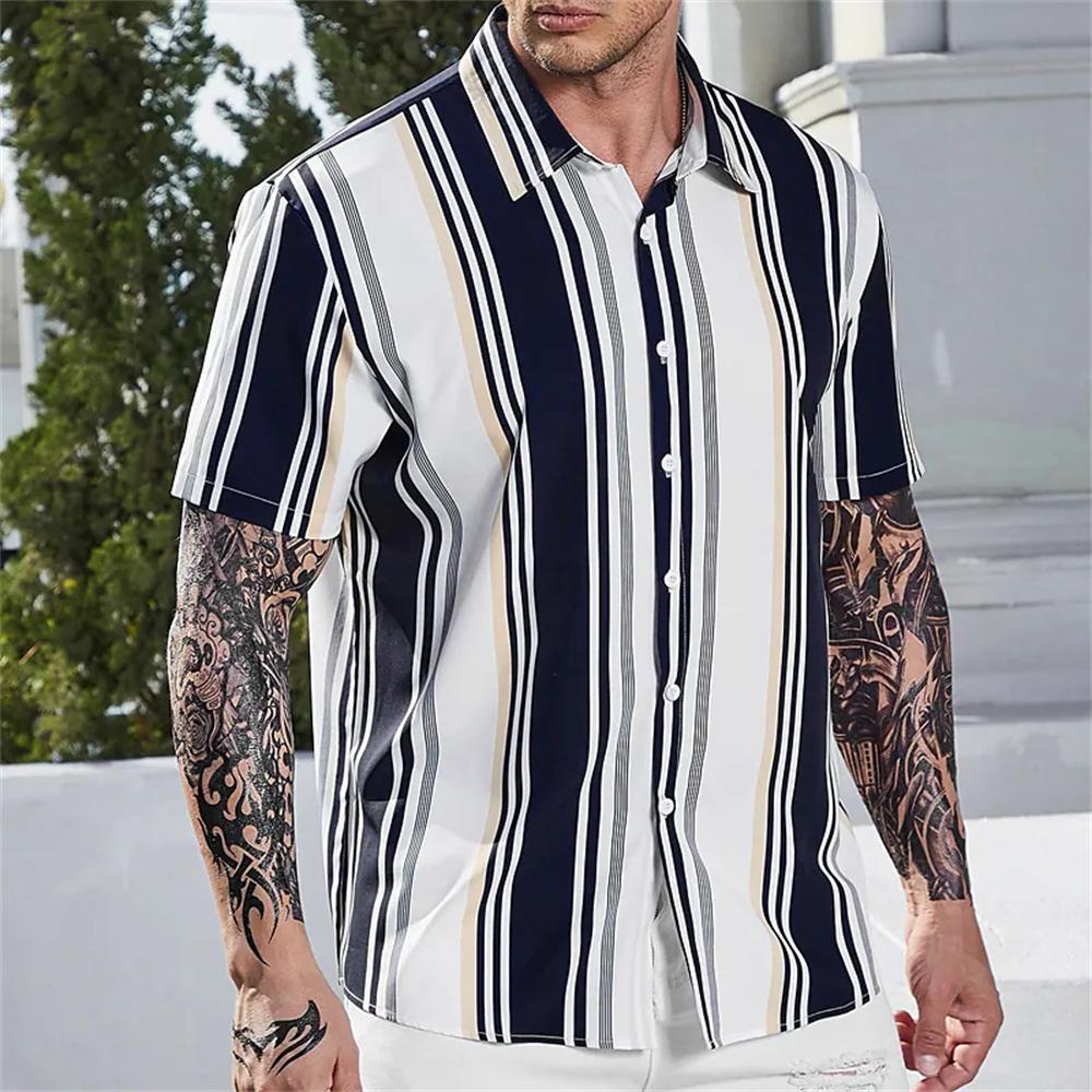 Fashion Men's Striped Print Shirts Button Short Sleeve Lapel Streetwear Summer Basic Blouse Classic Shirts for Men