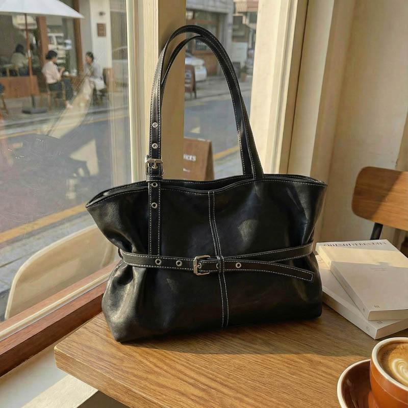 Womens Casual PU Leather Tote Bag Belt Buckle Detail Stitch Accent Large Capacity Minimalist Daily Bag for Commute Travel Everyday Use Durable