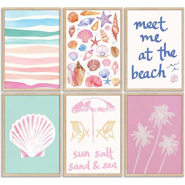 6Pcs Pink Beach Preppy Canvas Wall Art Colorful Coastal Seashell Picture Wall Decor Seaside Beachy Palm Tree Aesthetic Posters Cute Summer Ocean 10L  x8W