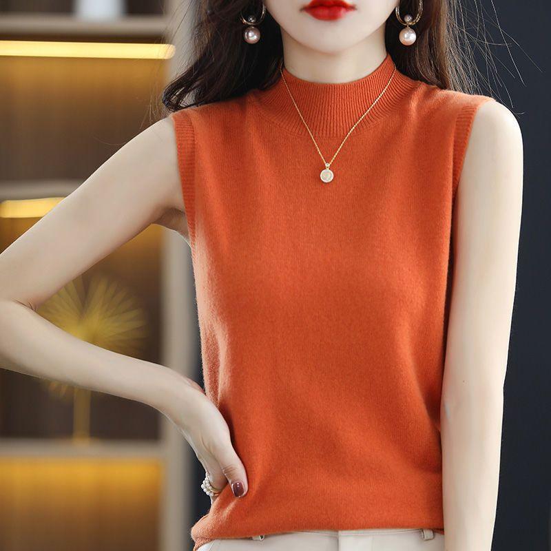 Ärmlös halvhög halsväst, Basknit-tröja för kvinnor Slim Fit Temperament Bärs inuti och utanpå, T-shirt för kvinnor