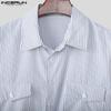 INCERUN Oversized Men Lapel Neck Long Sleeve Striped Print Belt Casual Shirts Tops