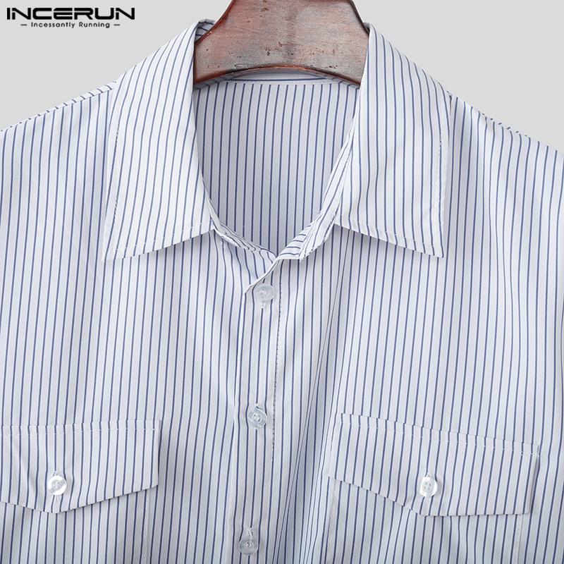 INCERUN Oversized Men Lapel Neck Long Sleeve Striped Print Belt Casual Shirts Tops