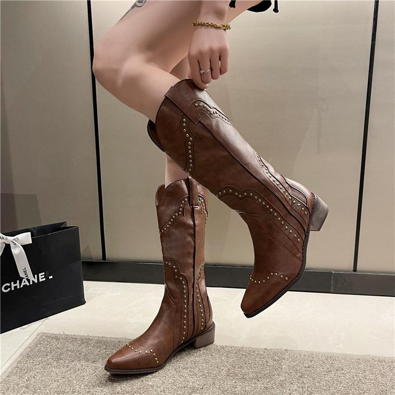 Retro Western Cowboy Boots Women's Summer V-neck Knight Boots Riveted Pointed Breathable Long Tube Boots