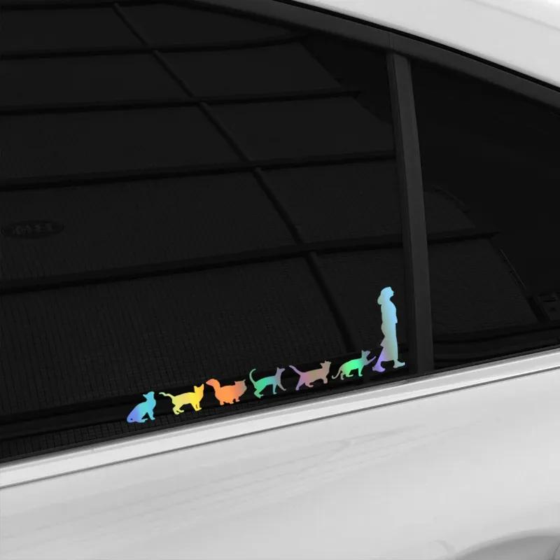Reflective Lady Cats Follow Woman Vinyl Stickers for Car Van Truck SUV Body Side Window Animal Graphic Decals Decor Accessories