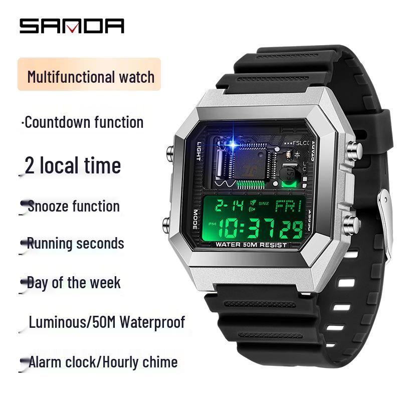 Sanda Luminous Waterproof Teen Alarm Watch - Square Electronic Sports Countdown Timer