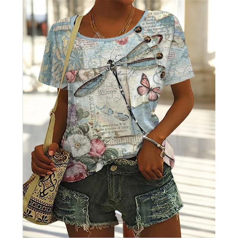 Letnie T-shirty damskie z krótkim rękawem, modne i codzienne, z okrągłym dekoltem i nadrukiem 3D motyla i ważki