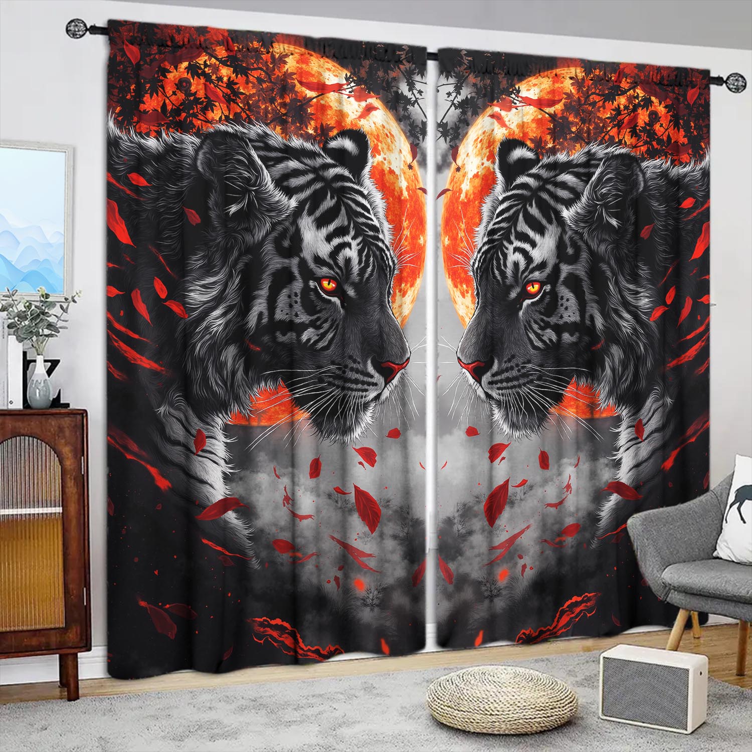 

Panels Fierce Tiger Under Red Sun Curtains Versatile Design Suitable Any Style Creating Peaceful Living Space Curtain Polyester W100*H70(CM)-Hooks&2PCS