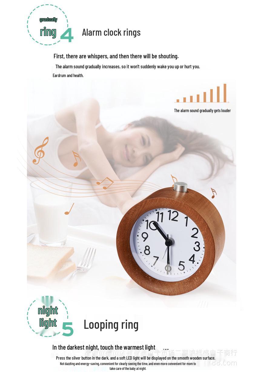 

Solid Wood Silent Alarm Clock with Luminous Display - Retro Bedside Snooze Clock for Students Square Beech