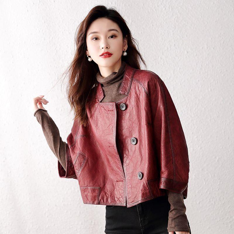 Genuine Leather Jacket Women's Short Spring and Autumn Loose Single Leather Cloak Sheepskin Retro Series Jacket